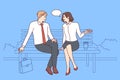 Carefree man and woman sitting on park bench and talking telling stories from work. Vector image Royalty Free Stock Photo