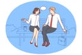 Carefree man and woman sitting on park bench and talking telling stories from work. Vector image Royalty Free Stock Photo