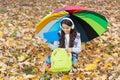 Carefree morning. child relax in autumn forest. fall leaves in park. back to school. online education. happy kid wear