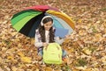 Carefree morning. child relax in autumn forest. fall leaves in park. back to school. online education. happy kid wear