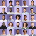 Carefree multiracial guys showing white smiles, collection of portraits