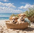 A carefree pup lounging in a basket on a sandy beach, enjoying the warm sun and gentle ocean breeze.