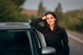 Happy Female Tourist Driver Next to Her Car Royalty Free Stock Photo