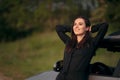 Happy Female Tourist Driver Next to Her Car Royalty Free Stock Photo