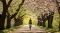 Carefree woman enjoys a bike ride through a lush green park embracing spring vitality