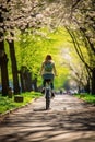 Carefree woman enjoys a bike ride through a lush green park embracing spring vitality