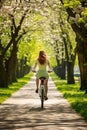 Carefree woman enjoys a bike ride through a lush green park embracing spring vitality