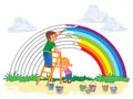 Carefree young children paint a rainbow of colors