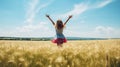 Carefree young girl in summer dress enjoying the freedom in the vast wheat field. Happy girl in the field. Generative AI