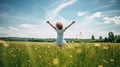 Carefree young woman in white summer dress enjoying the freedom in the vast blooming field. Happy girl in the field. Generative AI