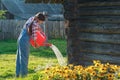 Careful gardener pouring water on flower garden bed with orange plastic watering can Royalty Free Stock Photo