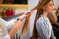 Careful hairdresser work with client`s hair, combing and cutting Royalty Free Stock Photo