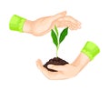 Careful Hands Holding Handful of Soil with Young Shoot or Sprout Growing in It Vector Illustration