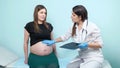 Careful doctor touches belly of pregnant woman in clinic Royalty Free Stock Photo