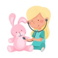 Careful Little Girl in Medical Wear Examining Fluffy Toy Hare with Stethoscope Vector Illustration