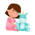 Careful Little Girl in Medical Wear Treating Fluffy Toy Unicorn Vector Illustration