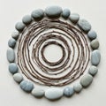 Circular pattern featuring smooth gray stones and thin brown twigs on a neutr Royalty Free Stock Photo