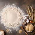 Bread-Making Essentials: Wheat, Yeast, and Rolling Pin Top View