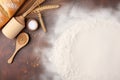 Bread-Making Essentials: Wheat, Yeast, and Rolling Pin Top View