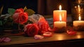 a carefully arranged scene with aromatic candles illuminating a space filled with roses on a wooden table. Ensure