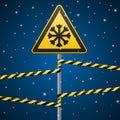 Carefully cold. Warning sign safety. pillar with sign and warning bands. Vector Image.