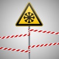 Carefully cold. Warning sign safety. pillar with sign and warning bands. Vector Image.