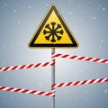 Carefully cold. Warning sign safety. pillar with sign and warning bands. Vector Image.
