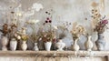A carefully curated collection of dried wildflowers displayed in delicate Victorian vases on a roughhewn mantle.