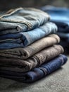 Carefully folded collection of denim jeans in various shades and textures Royalty Free Stock Photo