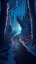 A Carefully Manicured Icey Blue Glowing Path Through an Enchanted Wintery Forest Cozy and Delightful Colors AI Generative