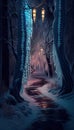 A Carefully Manicured Icey Blue Glowing Path Through an Enchanted Wintery Forest Cozy and Delightful Colors AI Generative