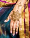Completed Mehndi design displayed on hand and fingers of Indian wedding guest. Royalty Free Stock Photo