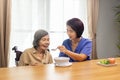 Caregiver feeding elderly asian woman with soup