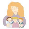 A caregiver or mother lovingly embraces her children with down syndrome. Vector