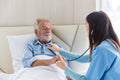 Caregiver nurse using stethoscope checking to Senior patient. Nurse helping stethoscope checking patient for listening heart rate Royalty Free Stock Photo