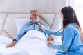 Caregiver nurse using stethoscope checking to Senior patient. Nurse helping stethoscope checking patient for listening heart rate Royalty Free Stock Photo