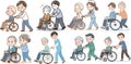 Caregiver pushing wheelchair elderly person graphics