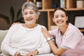 Caregiver, senior woman and support portrait for healthcare wellness, medical professional and patient happiness in Royalty Free Stock Photo