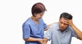 Caregiver take care patient man ,Migraine headaches