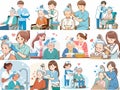 Caregiver washing hair of elderly patient on white background illustration set compilation