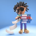 Careless black Afro Caribbean man with dreadlocks drops files from folders he is carrying 3d illustration