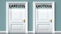 Careless and cautious as a choice - pictured as words Careless, cautious on doors to show that Careless and cautious are opposite Royalty Free Stock Photo