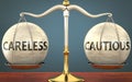 Careless and cautious staying in balance - pictured as a metal scale with weights and labels careless and cautious to symbolize