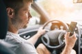 Careless driver using a mobile phone whilst driving Royalty Free Stock Photo