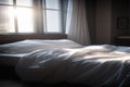 A carelessly made bed with white sheets, two pillows and soft morning light coming through the window, generative AI