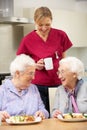 Carer drinking tea with two elderly woman