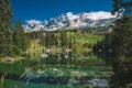 Carezza lake - Lago di Carezza, Karersee with Mount Latemar, Bolzano province, South tyrol, Italy. Landscape of Lake Royalty Free Stock Photo