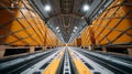 Cargo aircraft interior with pallets on loading rails. Freight transportation system inside airplane cargo hold. Aviation Royalty Free Stock Photo