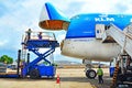 Cargo airplane being loaded with the nose door lifted up. 06/06/2013 - Chennai, India