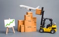 Cargo airplane, forklift truck with cardboard boxes and green arrow up. Increase freight transportation and delivery volumes Royalty Free Stock Photo